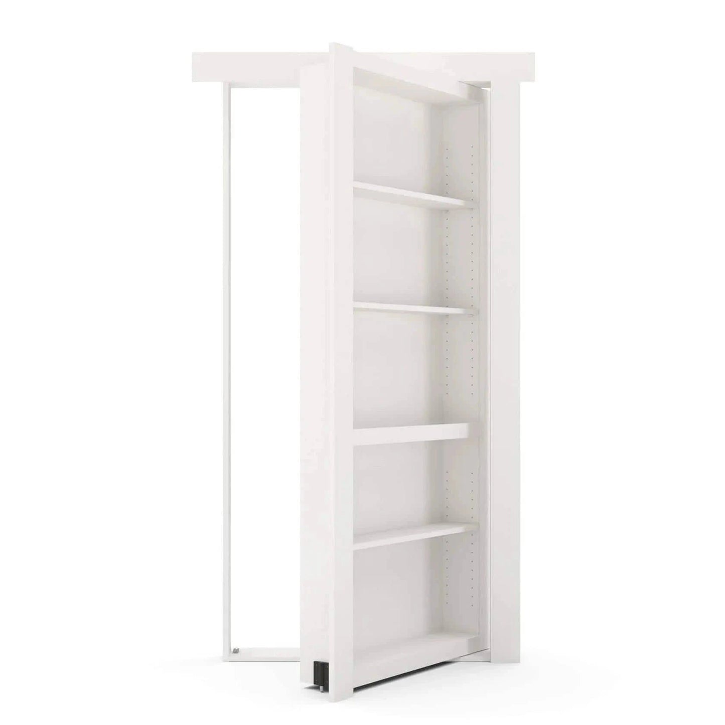 Murphy Door® white hidden bookcase door, partially open, revealing adjustable shelves and the door frame.