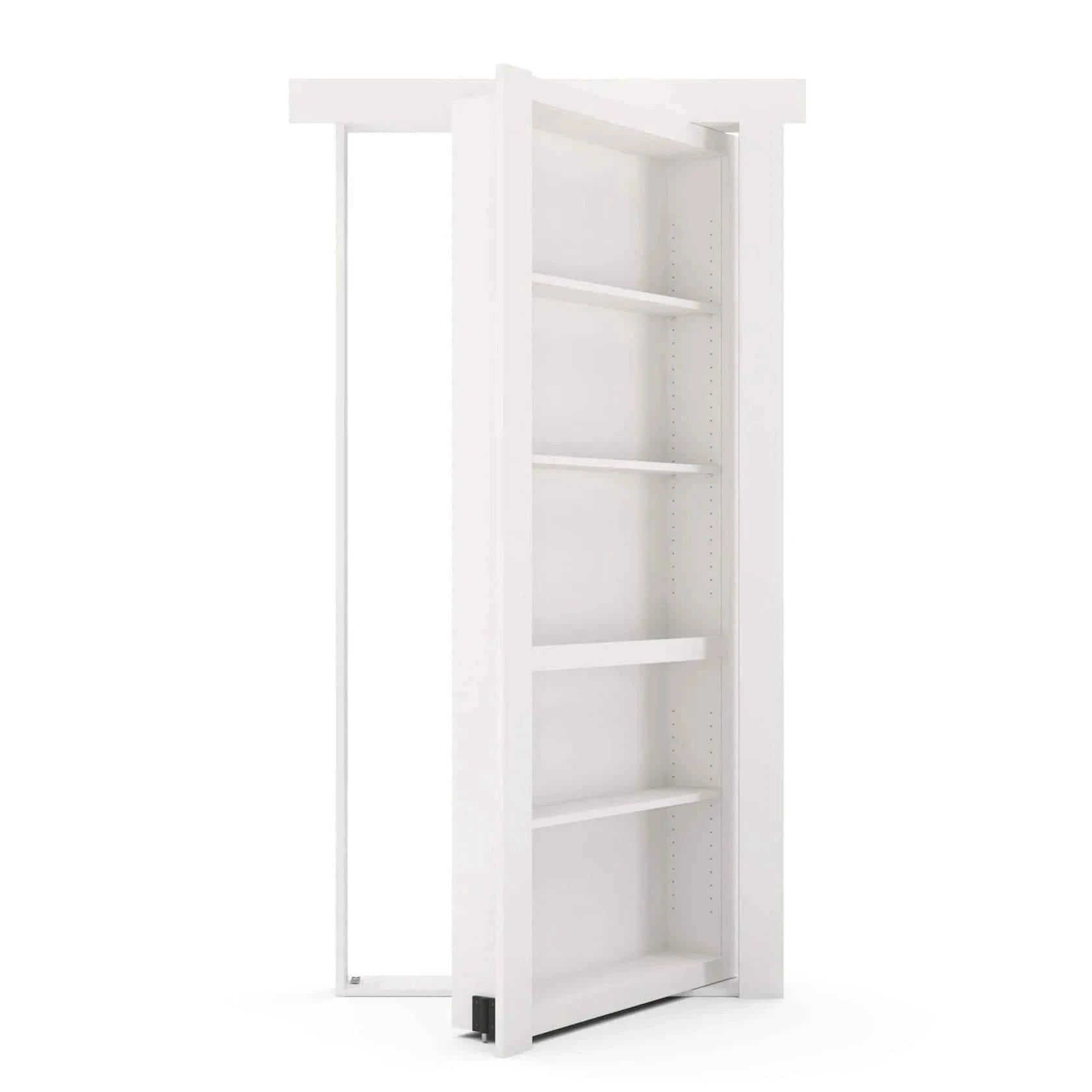 Murphy Door® white hidden bookcase door, partially open, revealing adjustable shelves and the door frame.