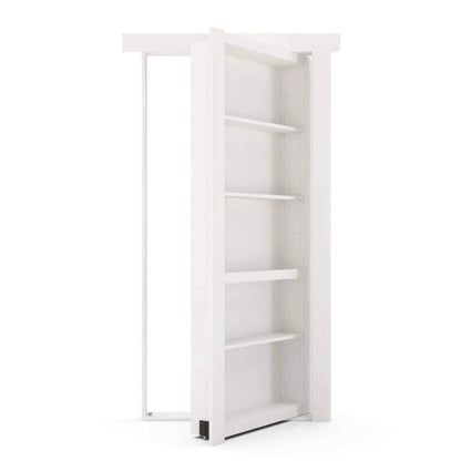 Murphy Door® white hidden bookcase door, partially open, revealing adjustable shelves and the door frame.