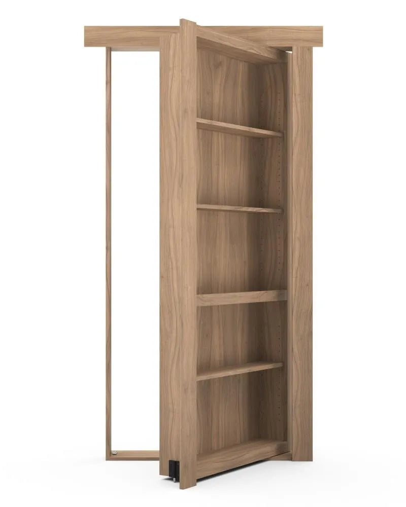 Murphy Door® wooden bookcase hidden door in light oak finish with five shelves, partially opened to reveal secret passage.