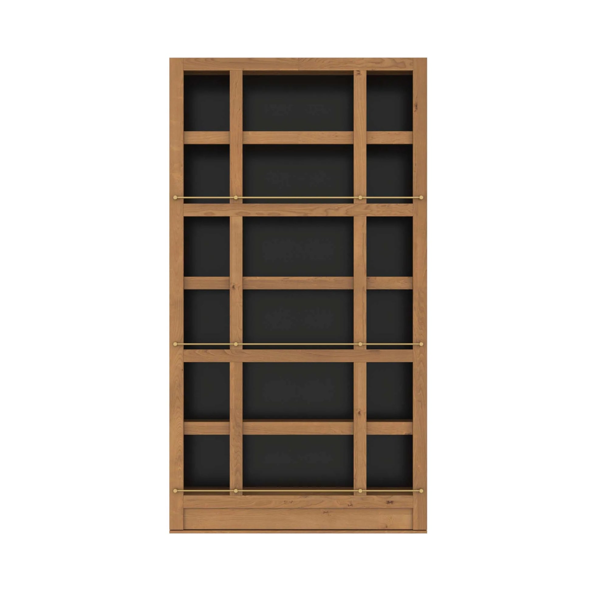 Murphy Door® wooden bookcase with black backing, featuring multiple shelves and brass rods in a modern grid pattern.