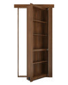 Murphy Door® wooden bookcase hidden door in walnut finish, partially open to reveal interior shelving with pivot hinge mechanism.