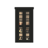 Murphy Door® black wooden wine cabinet with glass doors displaying wine bottles and glassware on interior shelves.
