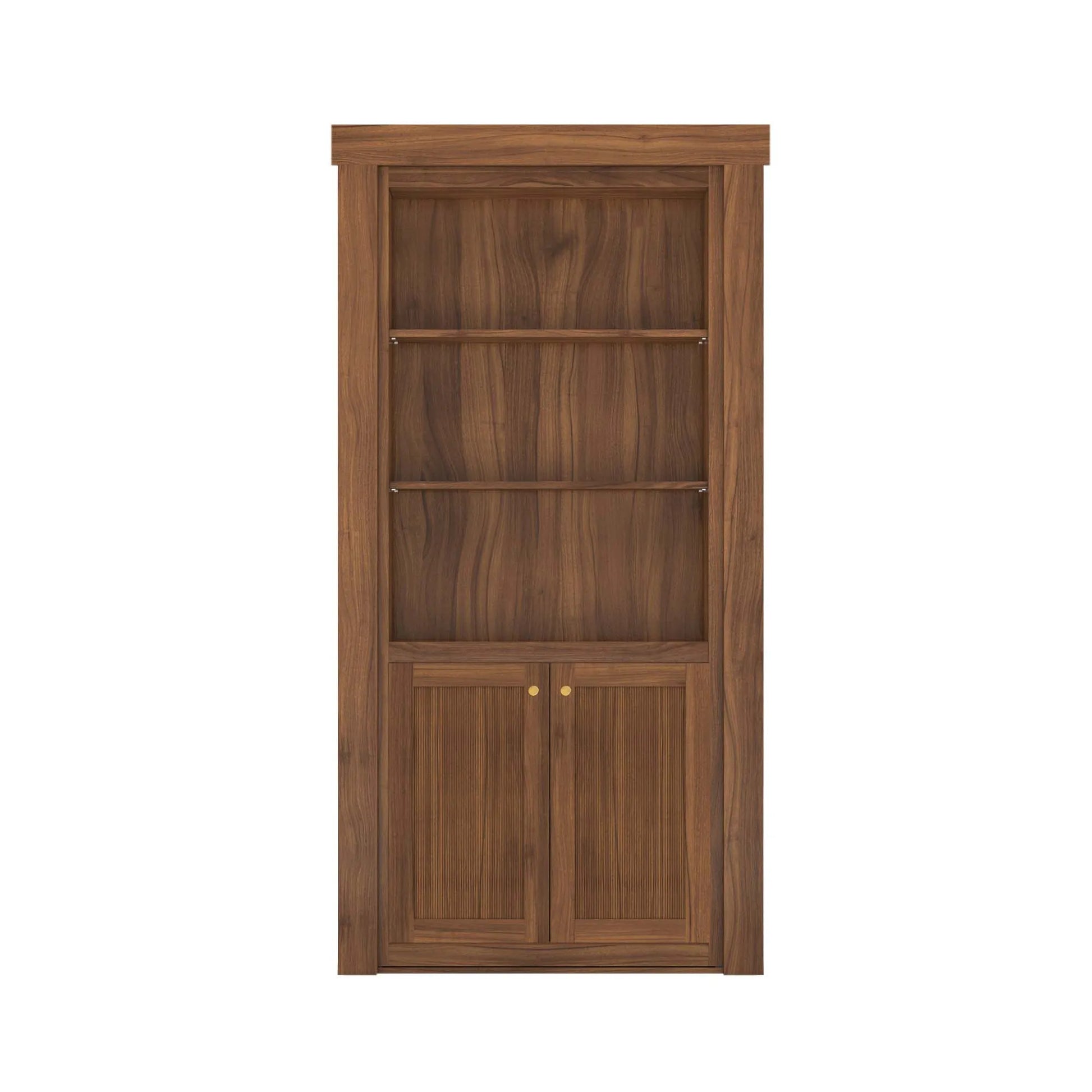 Murphy Door® wooden bookcase hidden door in walnut finish with three shelves and cabinet storage featuring brass hardware.