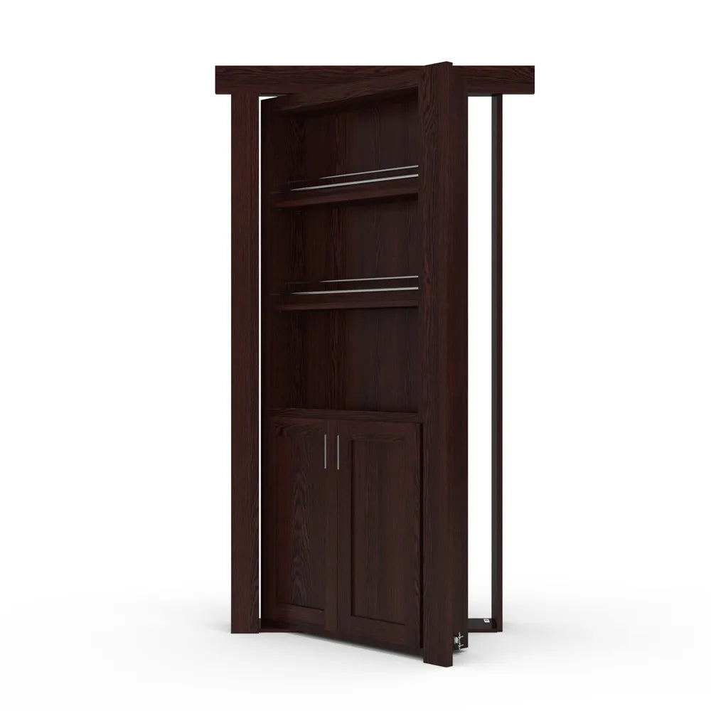 Murphy Door® dark wood bookcase hidden door with shelving and cabinet storage, partially open to reveal secret room entrance.