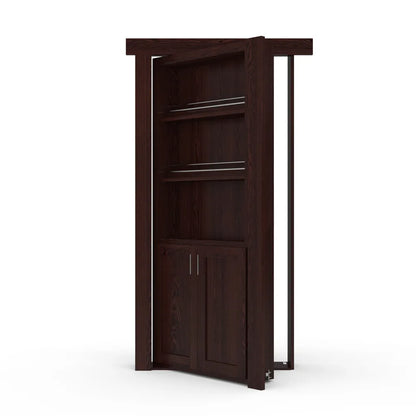 Murphy Door® dark wood bookcase hidden door with shelving and cabinet storage, partially open to reveal secret room entrance.