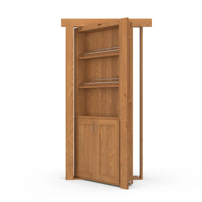 Murphy Door® hidden bookcase door in oak wood with open shelving and cabinet storage, shown partially open.