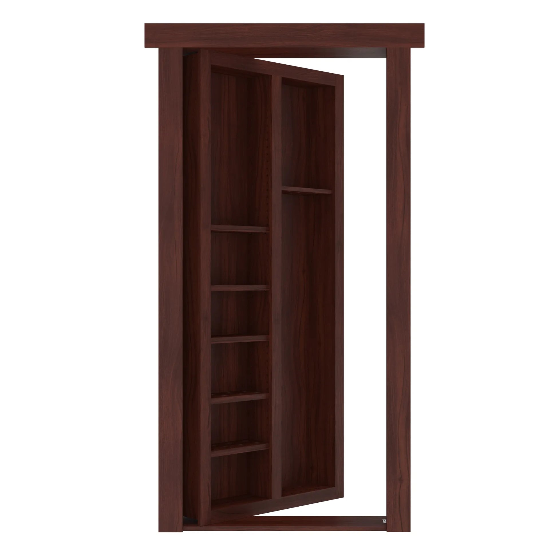 Murphy Door® hidden bookcase door in dark cherry wood finish, partially open to reveal built-in shelving compartments.
