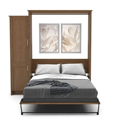 Murphy Door® brown wood queen wall bed system with gray bedding, headboard, two framed artworks, and attached wardrobe.