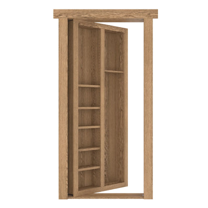 Murphy Door® oak bookshelf hidden door in mid-swing position, featuring multiple shelves and natural wood grain finish.