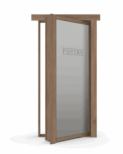 Murphy Door® pantry door with frosted glass panel and wooden walnut frame, shown slightly ajar revealing hidden storage.