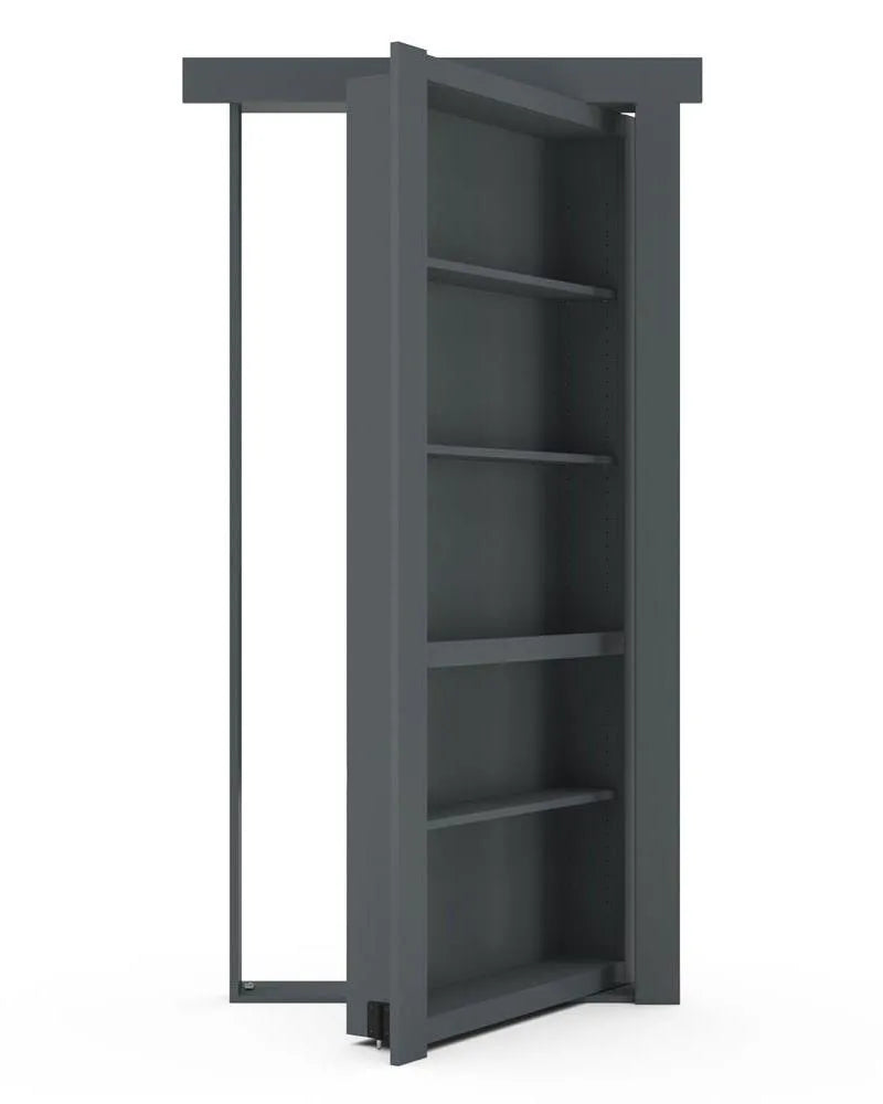 Murphy Door® bookcase hidden door in dark gray with five shelves, partially opened to reveal secret passage.