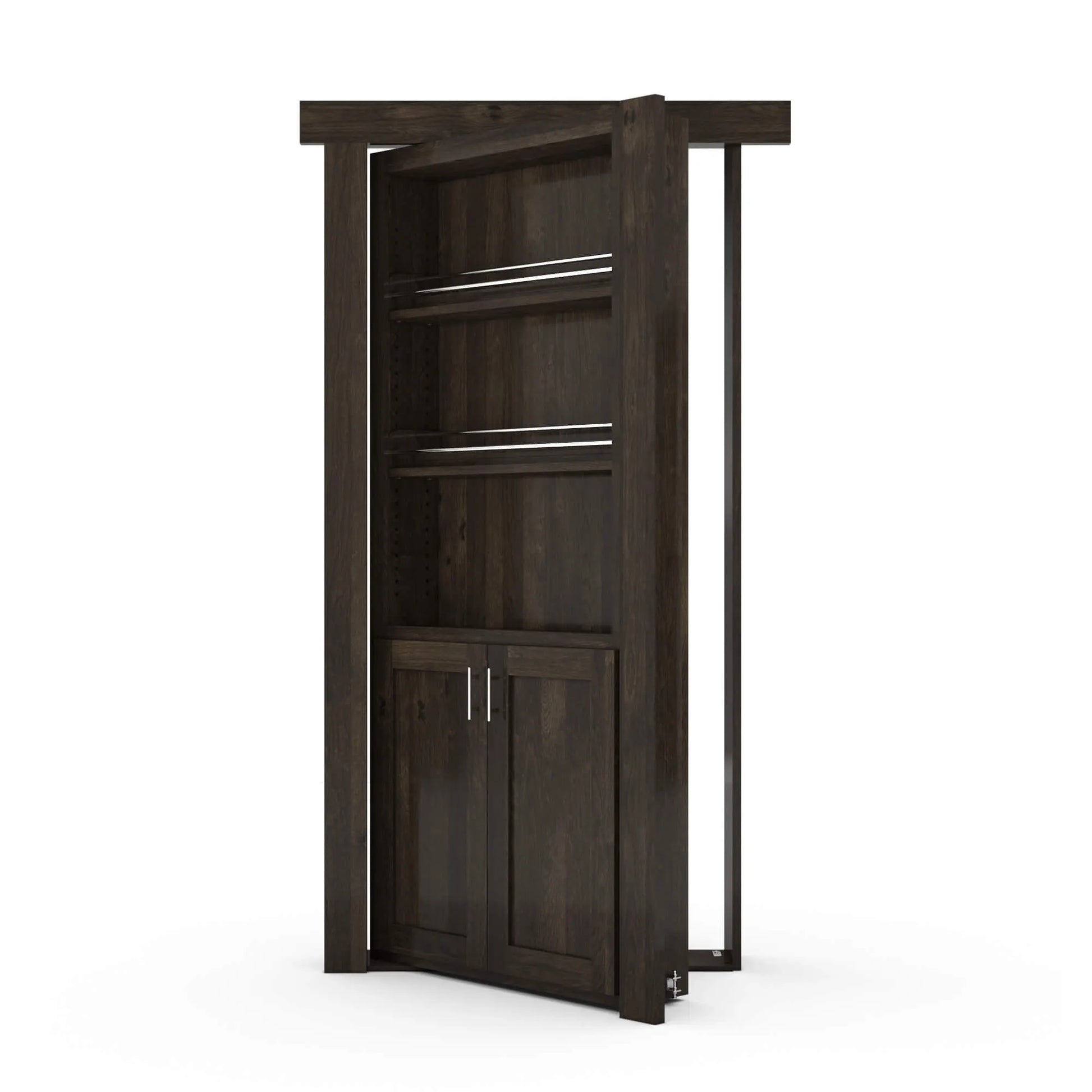 Murphy Door® dark wood bookcase hidden door with three shelves and bottom cabinet, shown partially open on hinges.