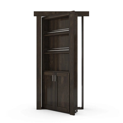 Murphy Door® dark wood bookcase hidden door with three shelves and bottom cabinet, shown partially open on hinges.