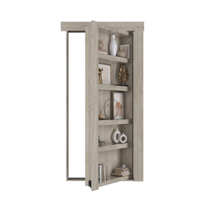 Murphy Door® bookshelf hidden door in light oak finish, partially open to reveal decorative shelving with neutral home accessories.
