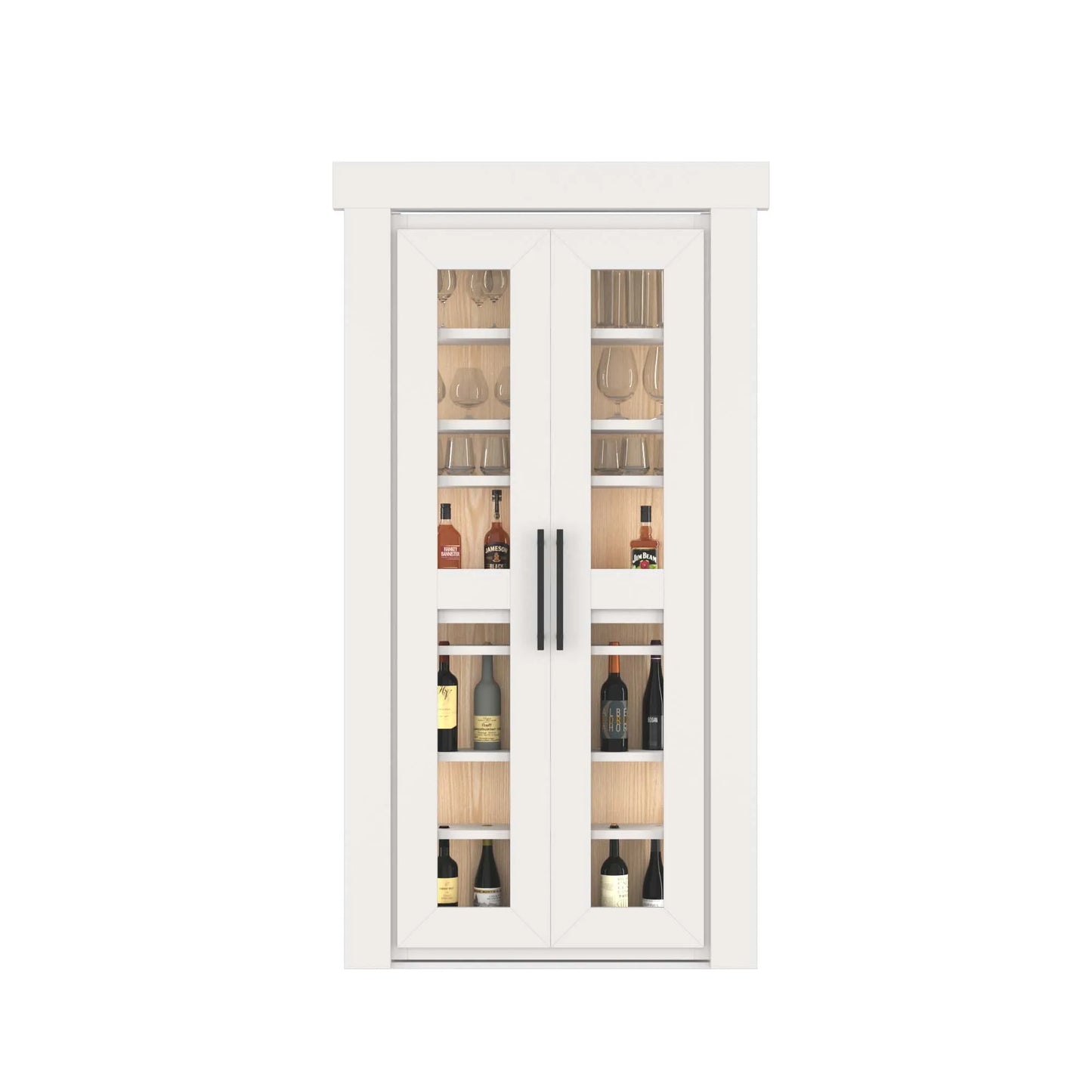 Murphy Door® white glass cabinet with wooden interior, displaying wine bottles and glassware, featuring double doors with black handles.