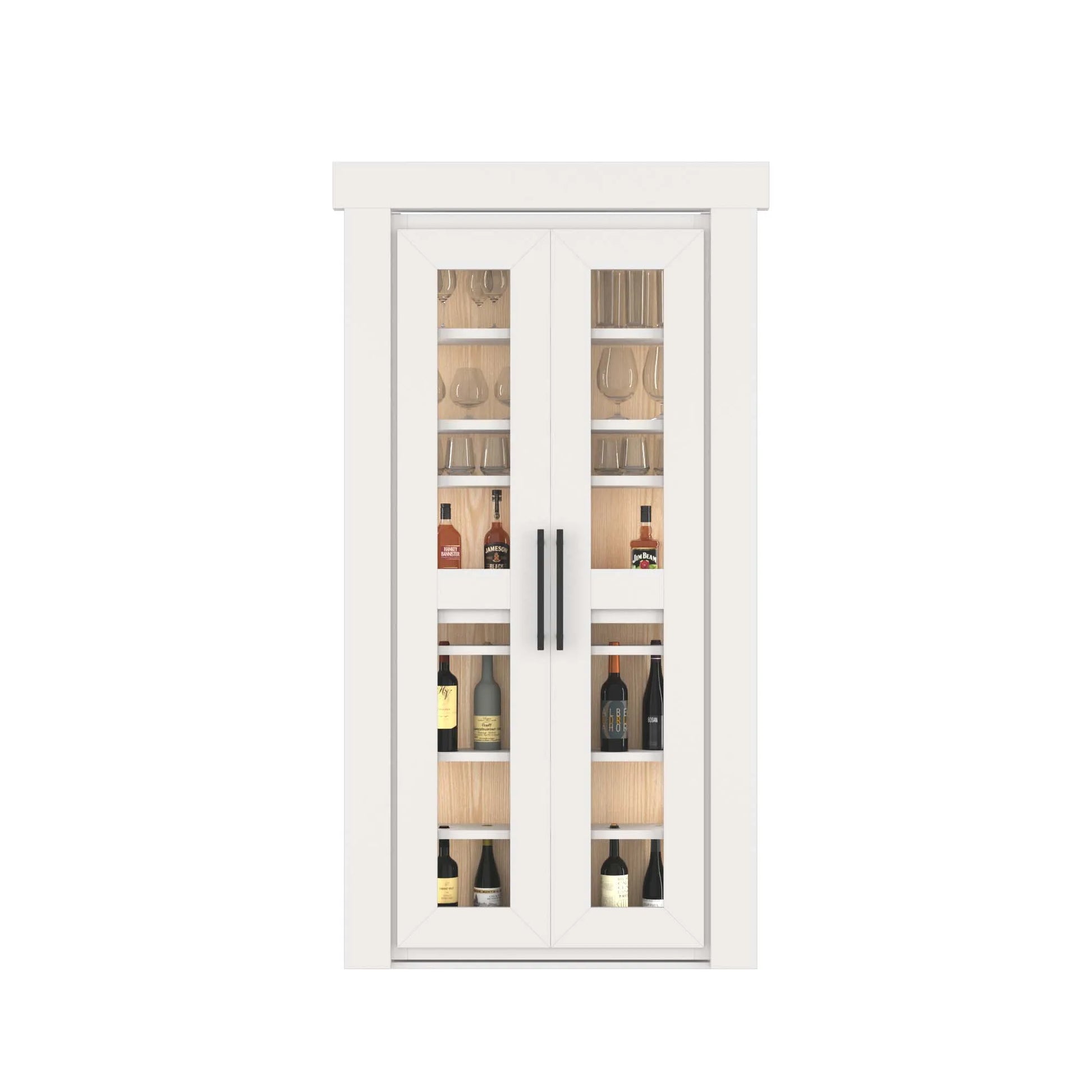 Murphy Door® white glass cabinet with wooden interior, displaying wine bottles and glassware, featuring double doors with black handles.