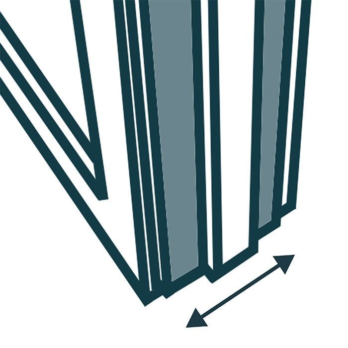 Murphy Door® hidden door design detail showing teal/dark green vertical paneling with a double-headed arrow indicating swing direction.