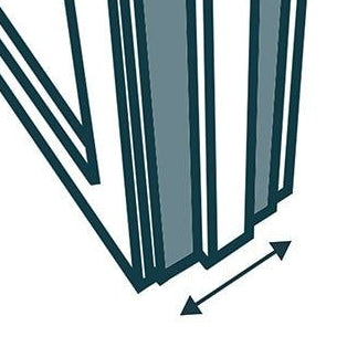 Partial view of Murphy Door® hidden door design showing vertical teal and gray panels with directional arrow indicator.