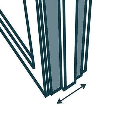 Partial view of Murphy Door® hidden door design showing vertical teal and gray panels with directional arrow indicator.