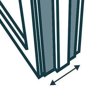 Partial view of Murphy Door® hidden door design showing vertical teal and gray panels with directional arrow indicator.