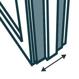Partial view of Murphy Door® hidden door design showing vertical teal and gray panels with directional arrow indicator.