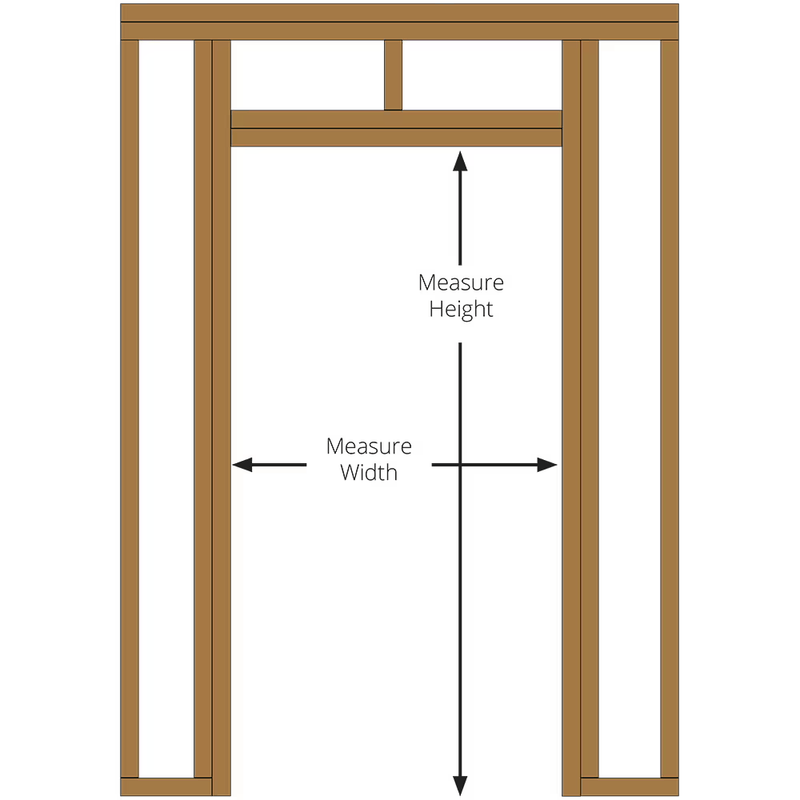 Murphy Door® wooden door frame diagram showing measurement points for width and height when installing a custom hidden door.