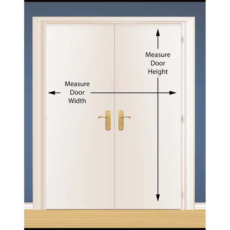 White double doors with gold handles showing measurement guides for width and height, by Murphy Door®.