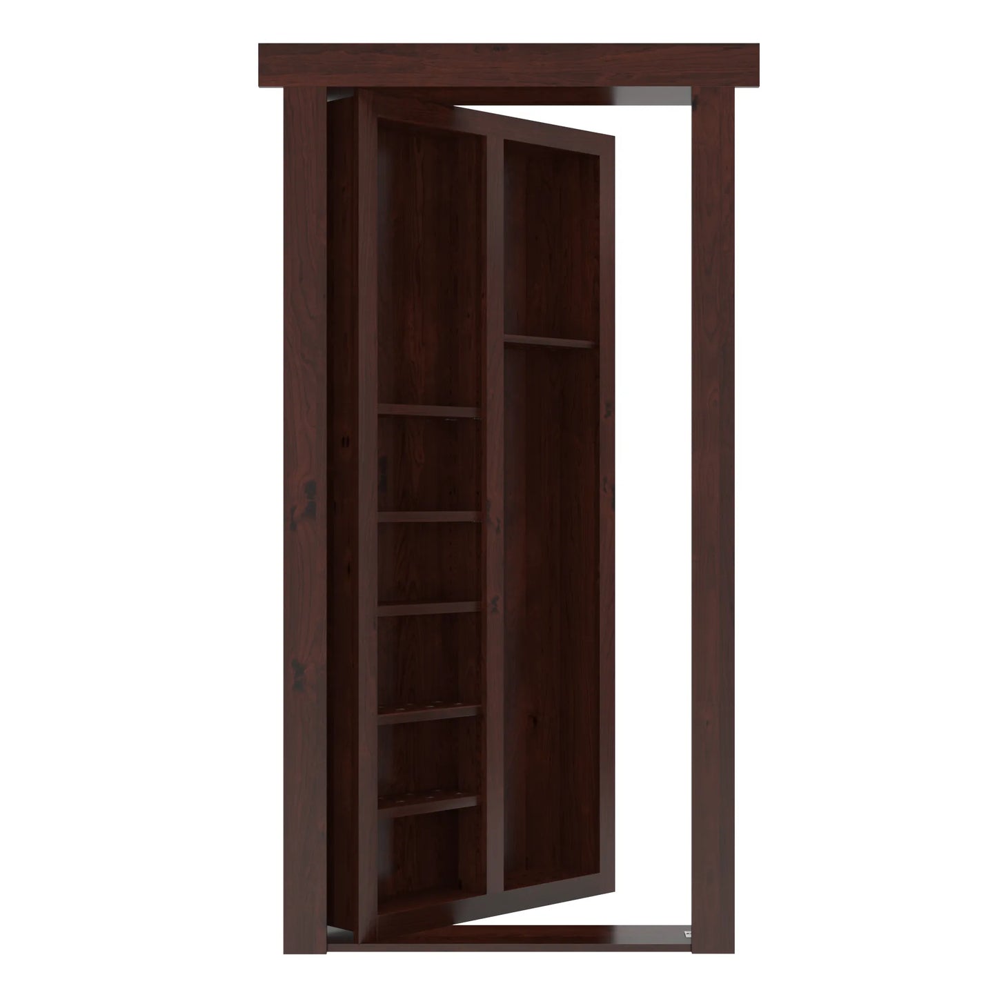 Murphy Door® bookshelf hidden door in dark wood with multiple shelves, shown partially open to reveal concealed doorway.