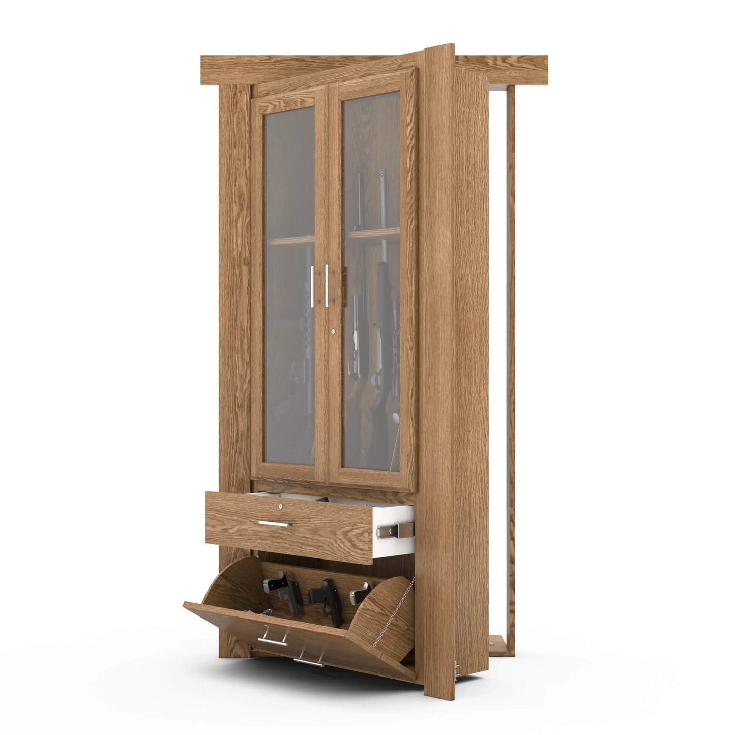 Murphy Door® oak wood gun cabinet with glass doors, pull-out drawer, and fold-down storage compartment for firearm storage.