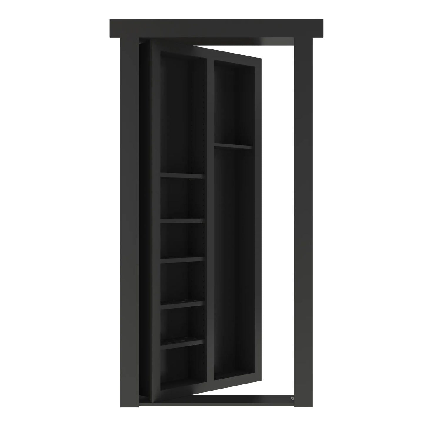 Murphy Door® hidden bookcase door in black, featuring multiple shelves and a sleek frame design that opens like a door.