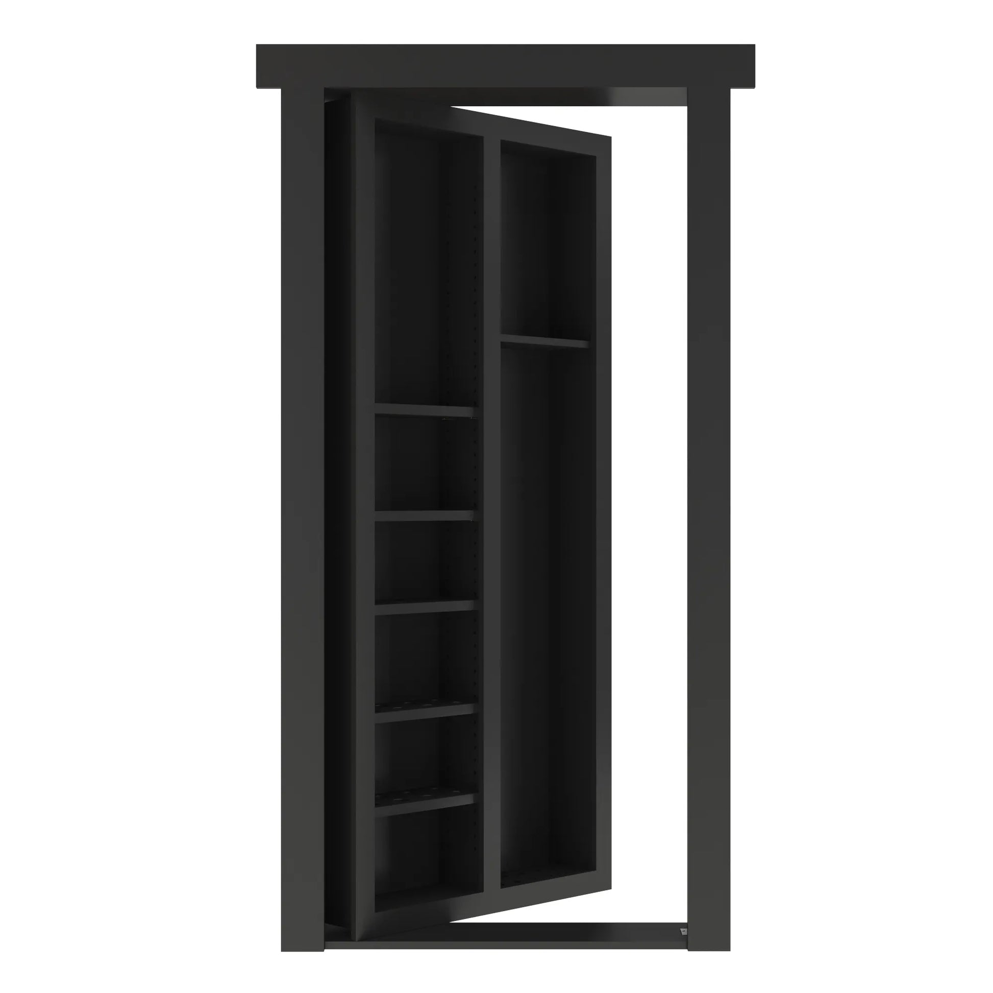 Murphy Door® hidden bookcase door in black, featuring multiple shelves and a sleek frame design that opens like a door.