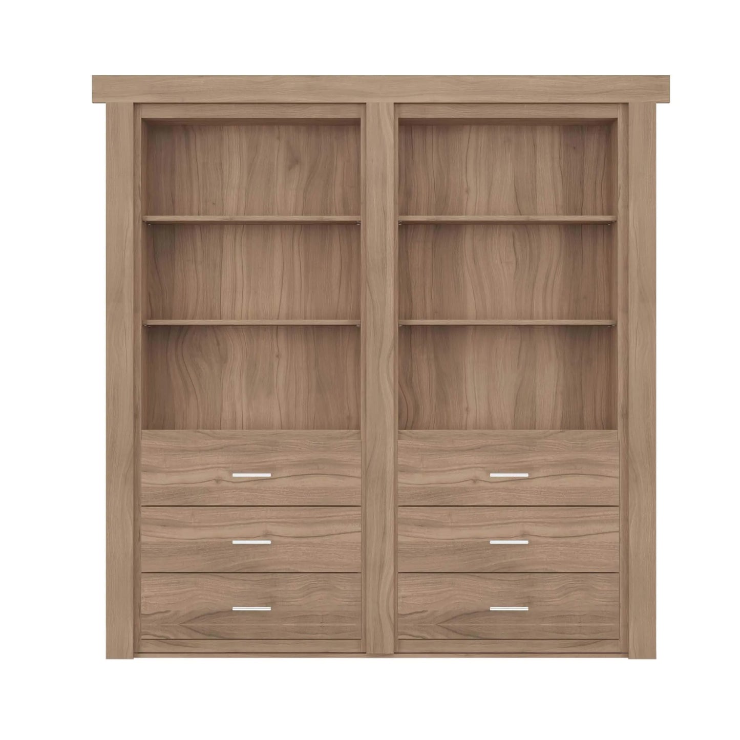 Murphy Door® wooden bookcase with light oak finish featuring open shelving and six drawers, designed as a hidden door solution.