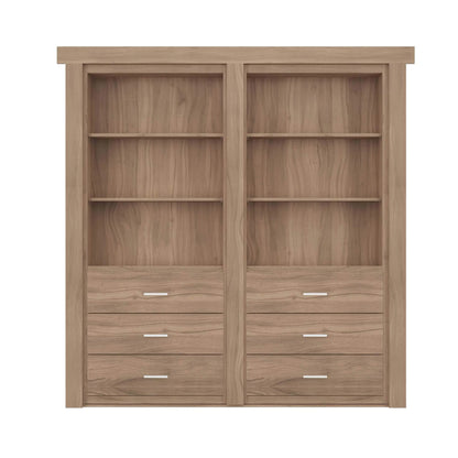 Murphy Door® wooden bookcase with light oak finish featuring open shelving and six drawers, designed as a hidden door solution.