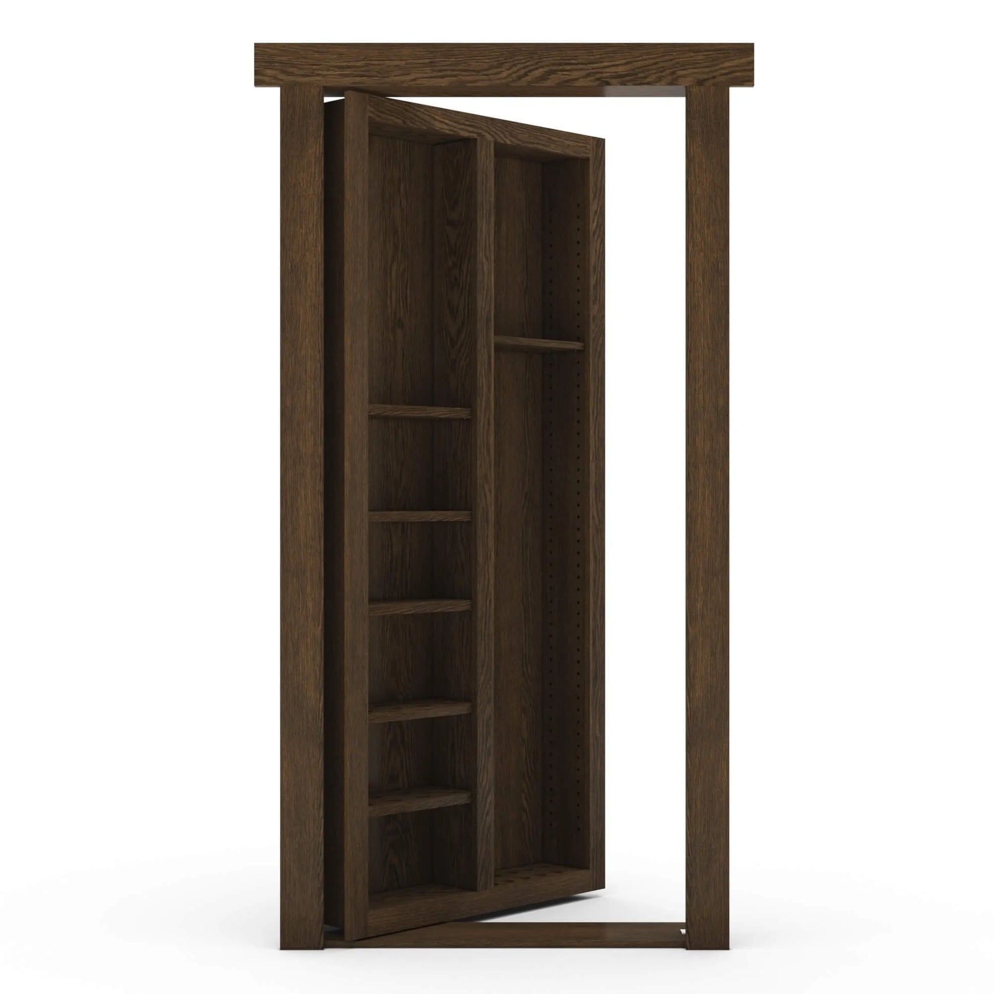 Murphy Door® bookshelf hidden door in dark wood finish, partially open to reveal interior shelving and concealed doorway.