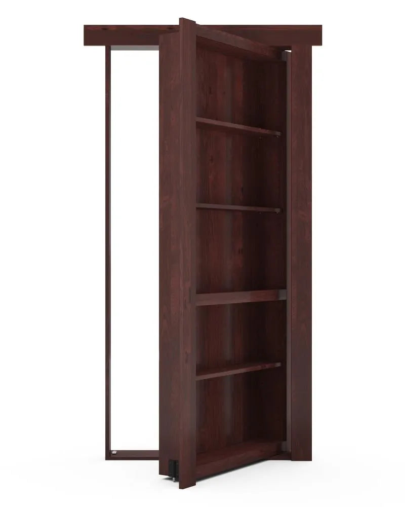 Murphy Door® bookcase hidden door in dark wood with five shelves, partially opened to reveal secret room entrance.
