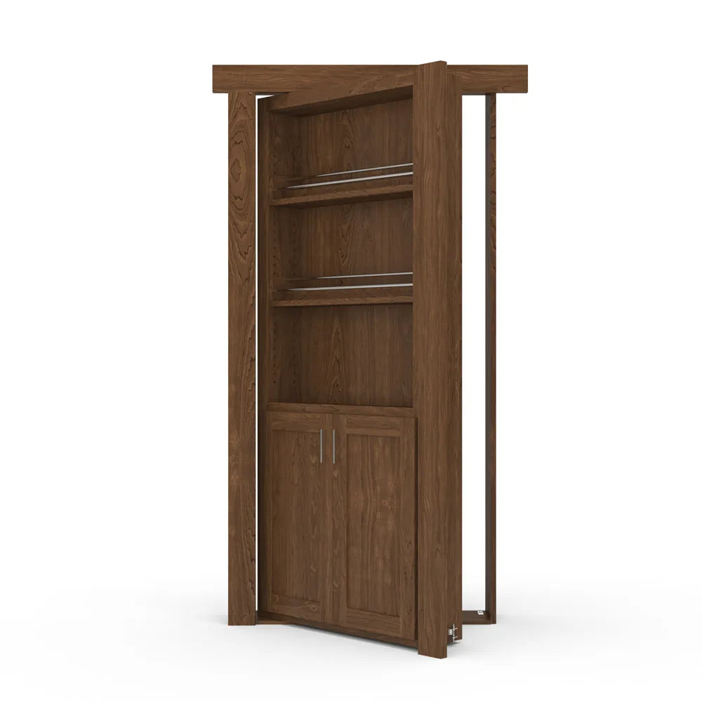 Murphy Door® wooden bookcase hidden door in walnut finish with open shelving and cabinet storage, shown partially opened.