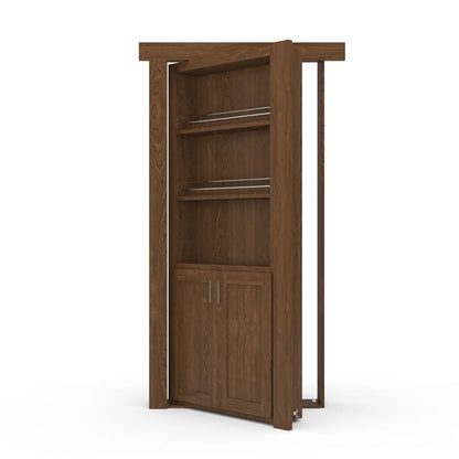 Murphy Door® wooden bookcase hidden door in walnut finish with open shelving and cabinet storage, shown partially opened.
