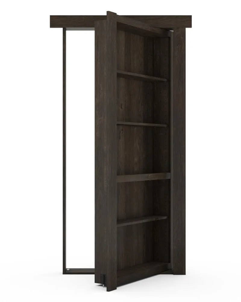 Murphy Door® bookcase hidden door in dark wood with five shelves, partially open to reveal secret passage entrance.