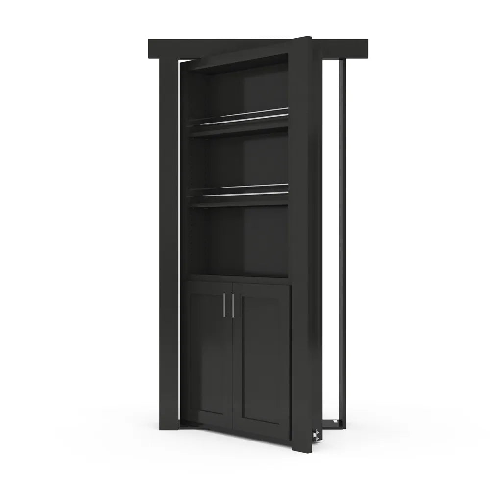 Murphy Door® black bookcase hidden door with open configuration, featuring three shelves and cabinet storage at bottom.