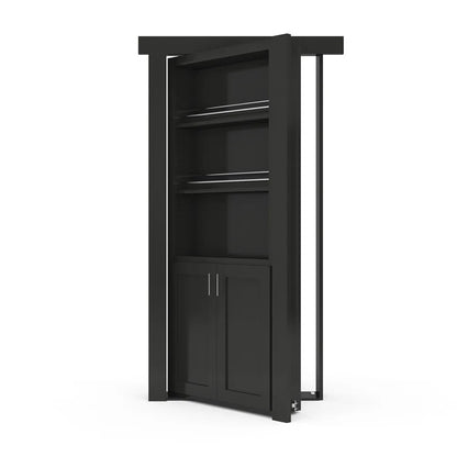 Murphy Door® black bookcase hidden door with open configuration, featuring three shelves and cabinet storage at bottom.