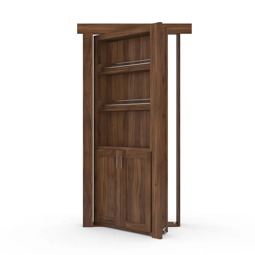 Murphy Door® wooden bookshelf hidden door in walnut finish with open/closed display, featuring storage shelves and cabinet compartment.