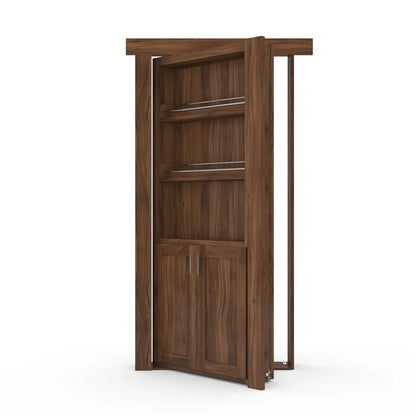 Murphy Door® walnut bookshelf hidden door with open-concept shelving and cabinet storage in rich brown wood finish.