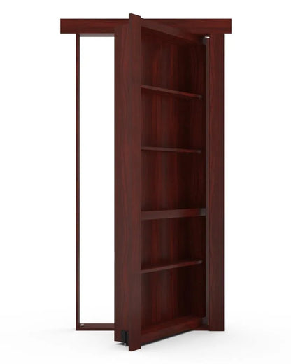 Murphy Door® hidden bookcase door in mahogany finish, featuring five shelves and pivot hinge mechanism for secret room access.