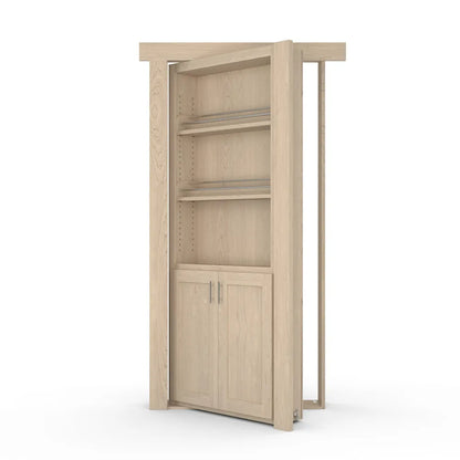 Murphy Door® light wooden bookcase hidden door with adjustable shelving and bottom cabinet, shown in open position.