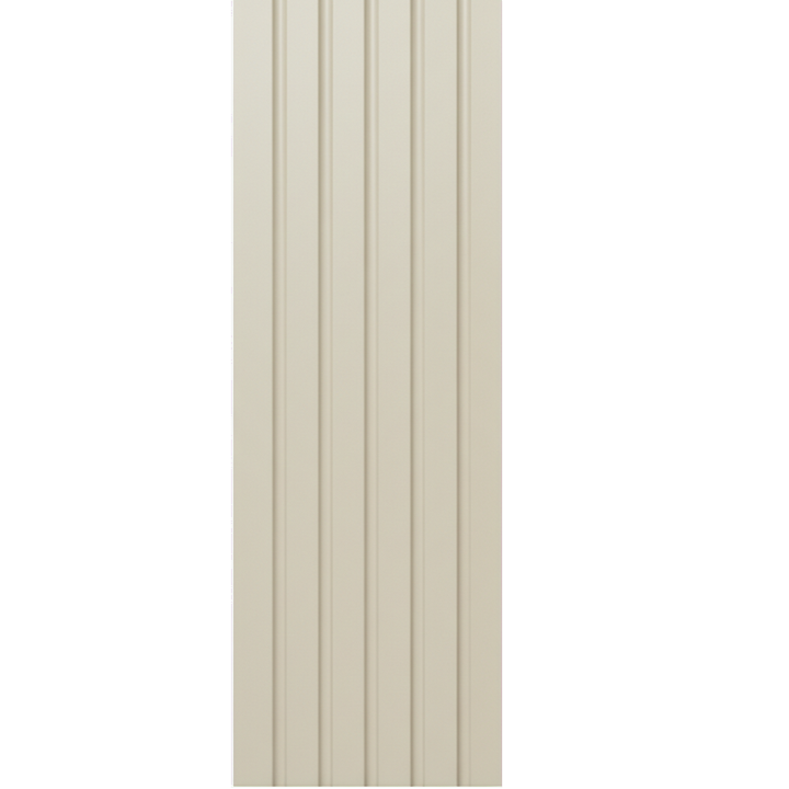 Murphy Door® light beige hidden door with vertical paneling.