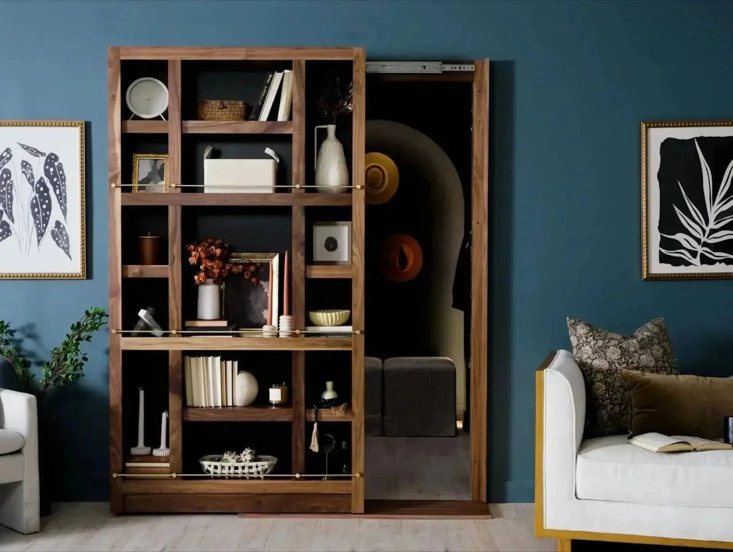 A Murphy Door® hidden bookcase door blending seamlessly into a room