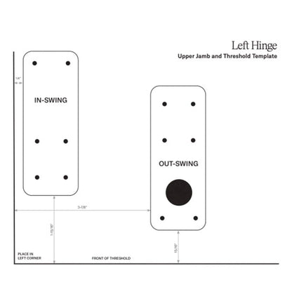 Murphy Door® left hinge upper jamb and threshold template, white with black markings for in-swing and out-swing doors.