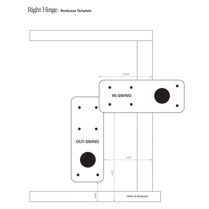 Murphy Door® Right Hinge Bookcase Template for in-swing and out-swing secret doors, with key dimensions.