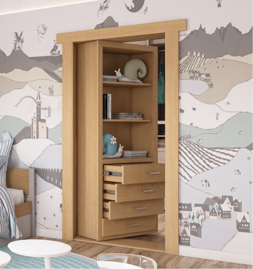 Murphy Door® oak bookcase hidden door with drawers, showcasing whimsical mountain wallpaper in a child's room.